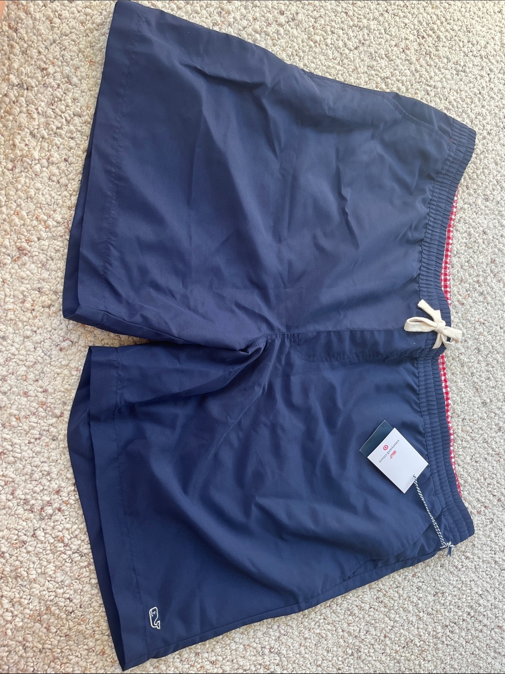 NEW Vineyard Vines Navy Swim Shorts with Red Gingham Trim